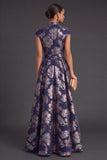 Yellow Jacquard A Line Cap Sleeves Long Wedding Guest Dress