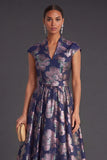 Yellow Jacquard A Line Cap Sleeves Long Wedding Guest Dress