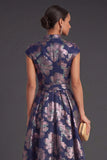 Yellow Jacquard A Line Cap Sleeves Long Wedding Guest Dress