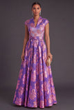 Yellow Jacquard A Line Cap Sleeves Long Wedding Guest Dress
