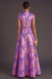 Yellow Jacquard A Line Cap Sleeves Long Wedding Guest Dress