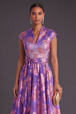 Yellow Jacquard A Line Cap Sleeves Long Wedding Guest Dress