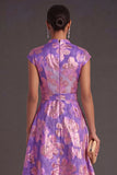 Yellow Jacquard A Line Cap Sleeves Long Wedding Guest Dress