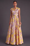 Yellow Jacquard A Line Cap Sleeves Long Wedding Guest Dress