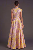 Yellow Jacquard A Line Cap Sleeves Long Wedding Guest Dress