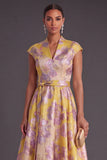 Yellow Jacquard A Line Cap Sleeves Long Wedding Guest Dress