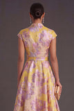 Yellow Jacquard A Line Cap Sleeves Long Wedding Guest Dress
