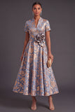 Blue Golden Floral A Line Jacquard Long Wedding Guest Dress