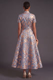 Blue Golden Floral A Line Jacquard Long Wedding Guest Dress