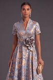 Blue Golden Floral A Line Jacquard Long Wedding Guest Dress