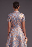 Blue Golden Floral A Line Jacquard Long Wedding Guest Dress