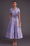 Blue Golden Floral A Line Jacquard Long Wedding Guest Dress