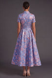 Blue Golden Floral A Line Jacquard Long Wedding Guest Dress