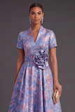 Blue Golden Floral A Line Jacquard Long Wedding Guest Dress