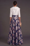 A Line Navy Floral Jacquard Long Wedding Guest Dress