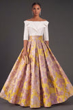 A Line Navy Floral Jacquard Long Wedding Guest Dress