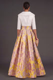 A Line Navy Floral Jacquard Long Wedding Guest Dress