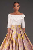 A Line Navy Floral Jacquard Long Wedding Guest Dress