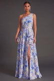 Orange Jacquard Floral Ruffled Long Wedding Guest Dress with Slit