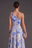 Orange Jacquard Floral Ruffled Long Wedding Guest Dress with Slit
