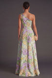 Orange Jacquard Floral Ruffled Long Wedding Guest Dress with Slit