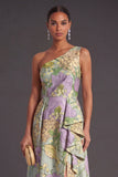 Orange Jacquard Floral Ruffled Long Wedding Guest Dress with Slit