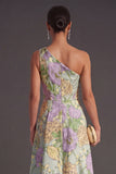 Orange Jacquard Floral Ruffled Long Wedding Guest Dress with Slit
