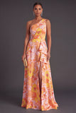 Orange Jacquard Floral Ruffled Long Wedding Guest Dress with Slit
