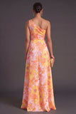 Orange Jacquard Floral Ruffled Long Wedding Guest Dress with Slit