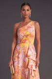 Orange Jacquard Floral Ruffled Long Wedding Guest Dress with Slit