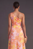 Orange Jacquard Floral Ruffled Long Wedding Guest Dress with Slit
