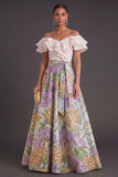 Pink Blue Floral A Line Ruffled Jacquard Long Wedding Guest Dress