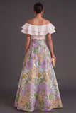 Pink Blue Floral A Line Ruffled Jacquard Long Wedding Guest Dress