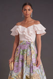 Pink Blue Floral A Line Ruffled Jacquard Long Wedding Guest Dress