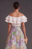 Pink Blue Floral A Line Ruffled Jacquard Long Wedding Guest Dress