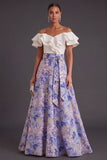 Pink Blue Floral A Line Ruffled Jacquard Long Wedding Guest Dress