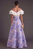 Pink Blue Floral A Line Ruffled Jacquard Long Wedding Guest Dress