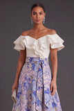 Pink Blue Floral A Line Ruffled Jacquard Long Wedding Guest Dress
