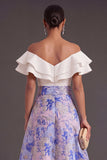 Pink Blue Floral A Line Ruffled Jacquard Long Wedding Guest Dress