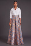 Blue Golden Flower Collar Neck Jacquard Long Wedding Guest Dress