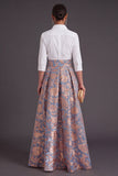 Blue Golden Flower Collar Neck Jacquard Long Wedding Guest Dress