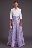 Blue Golden Flower Collar Neck Jacquard Long Wedding Guest Dress