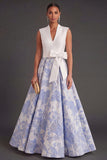 Jacquard Floral Blue Long Wedding Guest Dress with Bow