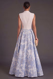 Jacquard Floral Blue Long Wedding Guest Dress with Bow
