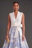 Jacquard Floral Blue Long Wedding Guest Dress with Bow