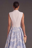 Jacquard Floral Blue Long Wedding Guest Dress with Bow