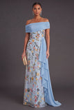 Green Floral Off the Shoulder Mermaid Long Wedding Guest Dress