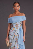 Green Floral Off the Shoulder Mermaid Long Wedding Guest Dress