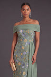 Green Floral Off the Shoulder Mermaid Long Wedding Guest Dress