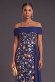 Green Floral Off the Shoulder Mermaid Long Wedding Guest Dress